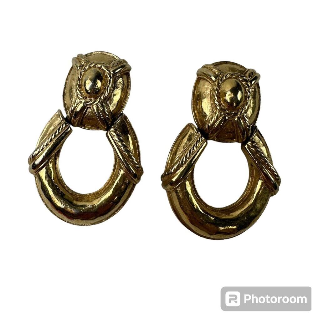 Vintage Givenchy Gold Plated Logo Door Knockers Clip-on Earrings Dangle Signed - Picture 1 of 8